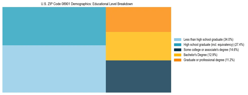 Treemap chart illustrating the educational attainment breakdown for population 25 years and over in US ZIP Code 08901.