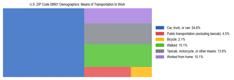 Treemap showing means of transportation to work distribution in US ZIP Code 08901.