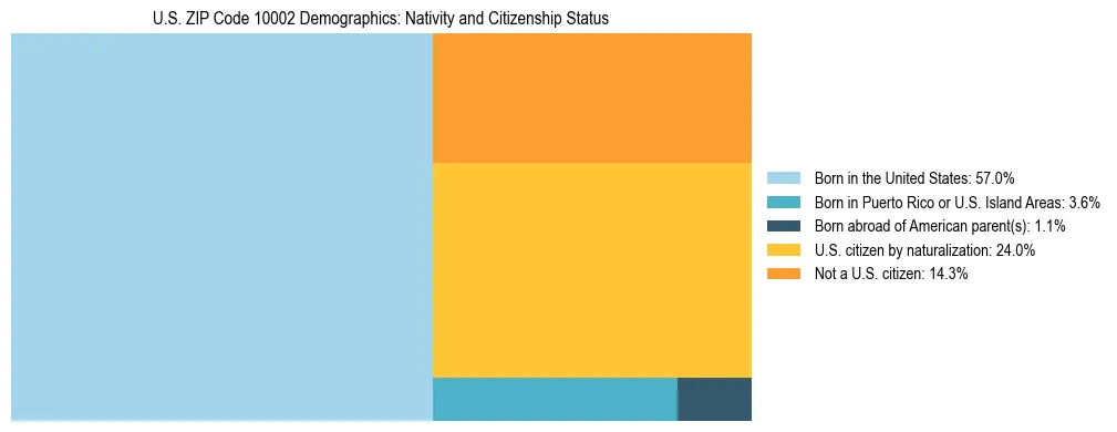 Treemap showing the population distribution by nativity and citizenship status in US ZIP Code 10002 based on U.S. Census data.