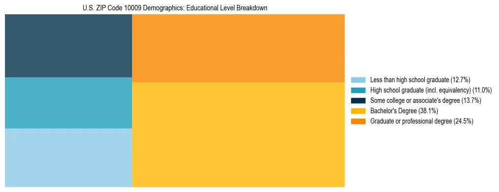 Treemap chart illustrating the educational attainment breakdown for population 25 years and over in US ZIP Code 10009.