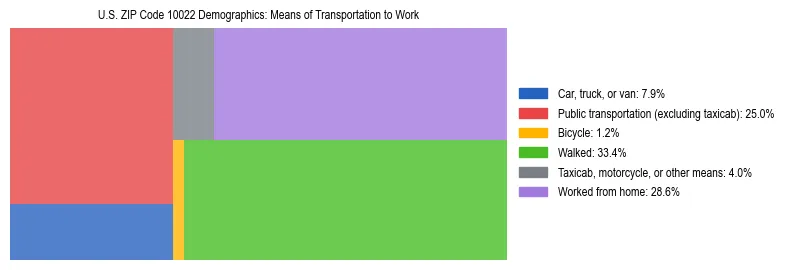 Treemap showing means of transportation to work distribution in US ZIP Code 10022.