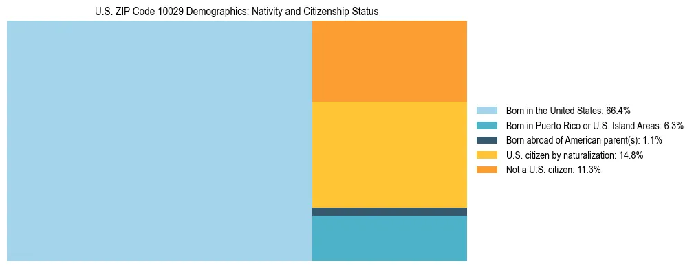 Treemap showing the population distribution by nativity and citizenship status in US ZIP Code 10029 based on U.S. Census data.
