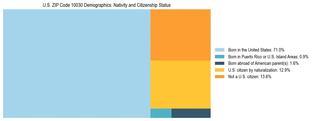 Treemap showing the population distribution by nativity and citizenship status in US ZIP Code 10030 based on U.S. Census data.