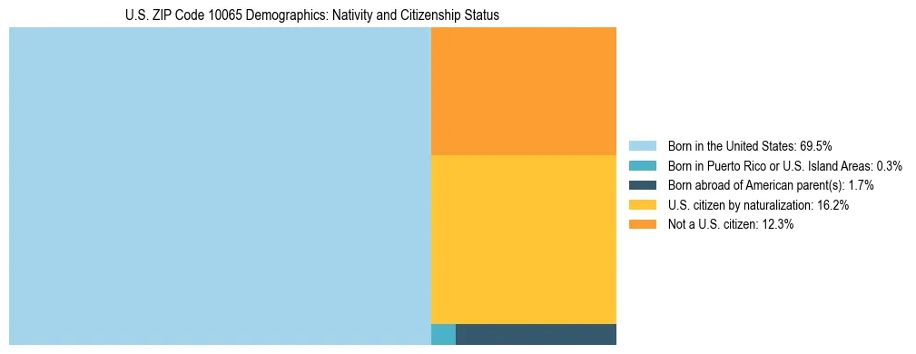 Treemap showing the population distribution by nativity and citizenship status in US ZIP Code 10065 based on U.S. Census data.