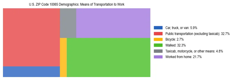 Treemap showing means of transportation to work distribution in US ZIP Code 10065.