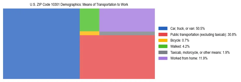Treemap showing means of transportation to work distribution in US ZIP Code 10301.