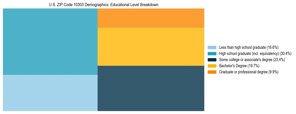 Treemap chart illustrating the educational attainment breakdown for population 25 years and over in US ZIP Code 10303.