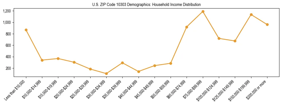Horizontal bar chart showing household income distribution in US ZIP Code 10303.