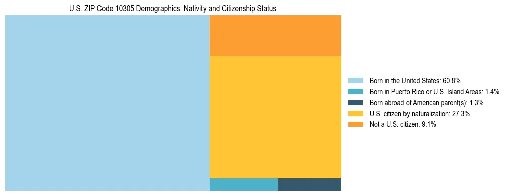 Treemap showing the population distribution by nativity and citizenship status in US ZIP Code 10305 based on U.S. Census data.