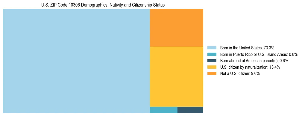 Treemap showing the population distribution by nativity and citizenship status in US ZIP Code 10306 based on U.S. Census data.