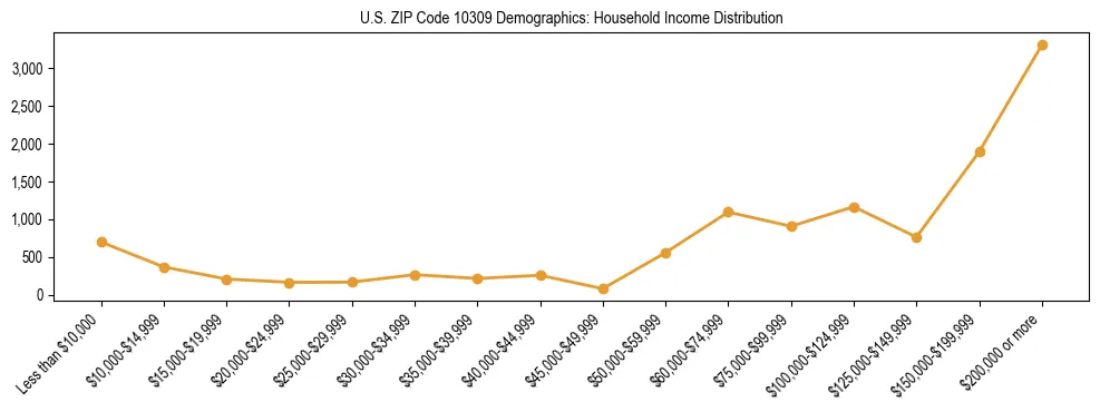 Horizontal bar chart showing household income distribution in US ZIP Code 10309.