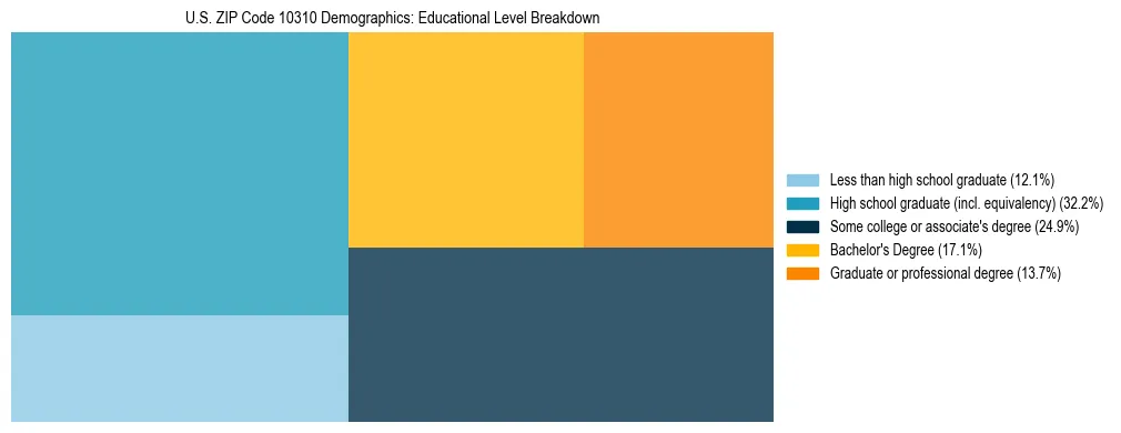 Treemap chart illustrating the educational attainment breakdown for population 25 years and over in US ZIP Code 10310.