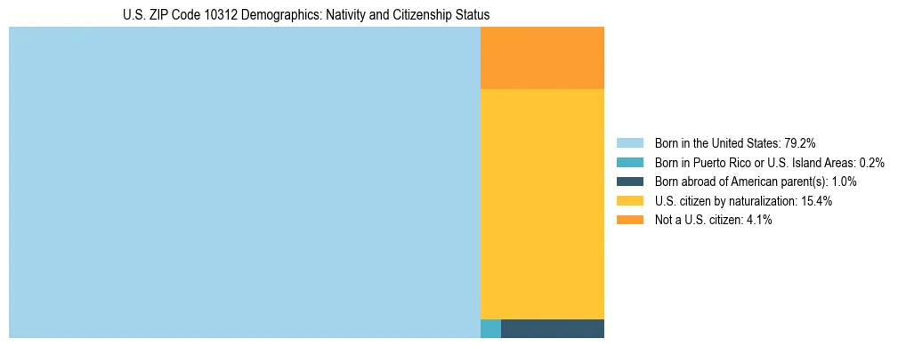 Treemap showing the population distribution by nativity and citizenship status in US ZIP Code 10312 based on U.S. Census data.