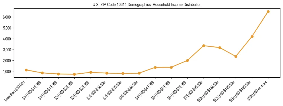 Horizontal bar chart showing household income distribution in US ZIP Code 10314.