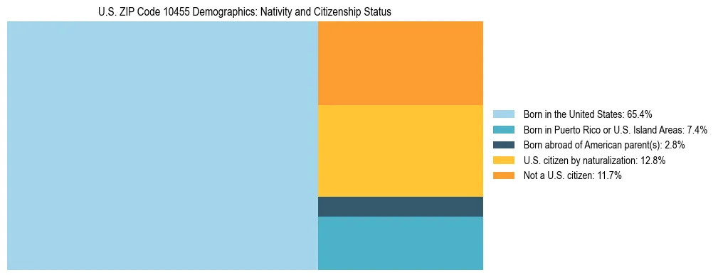 Treemap showing the population distribution by nativity and citizenship status in US ZIP Code 10455 based on U.S. Census data.