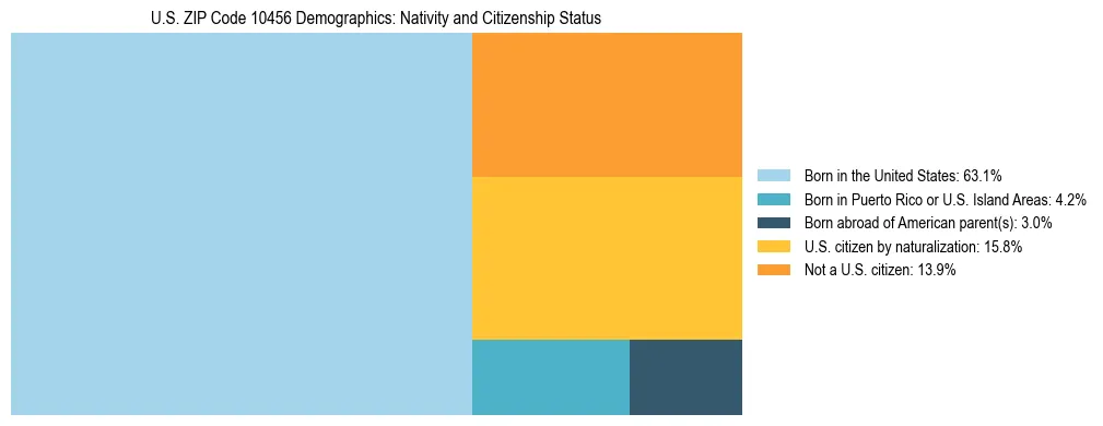Treemap showing the population distribution by nativity and citizenship status in US ZIP Code 10456 based on U.S. Census data.