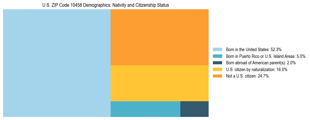 Treemap showing the population distribution by nativity and citizenship status in US ZIP Code 10458 based on U.S. Census data.