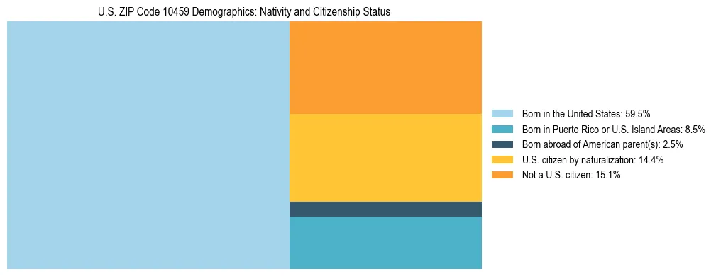Treemap showing the population distribution by nativity and citizenship status in US ZIP Code 10459 based on U.S. Census data.