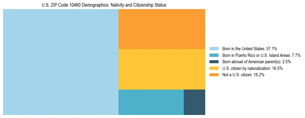 Treemap showing the population distribution by nativity and citizenship status in US ZIP Code 10460 based on U.S. Census data.