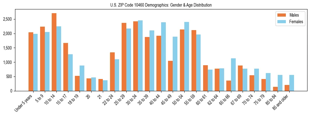 Bar chart showing the population distribution of US ZIP Code 10460 by age group and gender, based on 2023 ACS data.