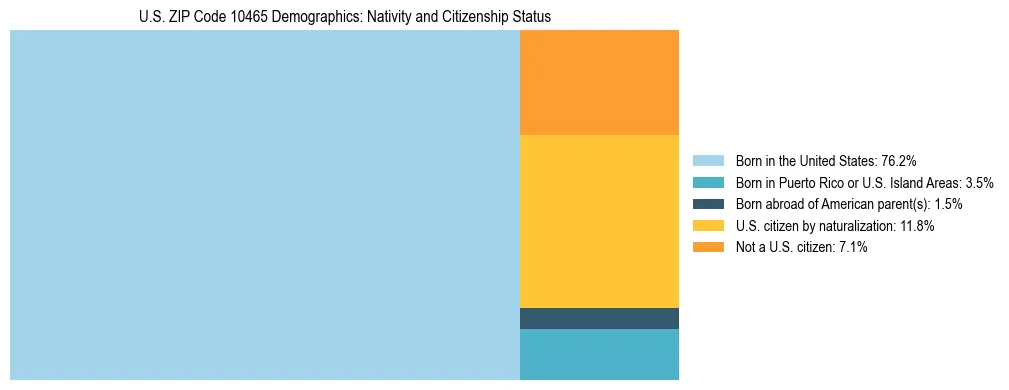 Treemap showing the population distribution by nativity and citizenship status in US ZIP Code 10465 based on U.S. Census data.