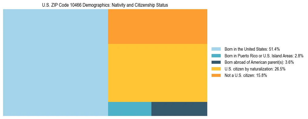 Treemap showing the population distribution by nativity and citizenship status in US ZIP Code 10466 based on U.S. Census data.