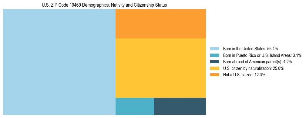 Treemap showing the population distribution by nativity and citizenship status in US ZIP Code 10469 based on U.S. Census data.