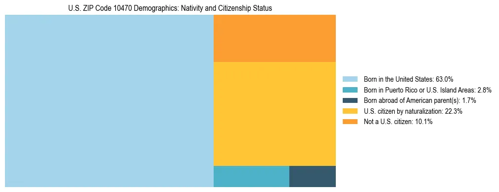 Treemap showing the population distribution by nativity and citizenship status in US ZIP Code 10470 based on U.S. Census data.