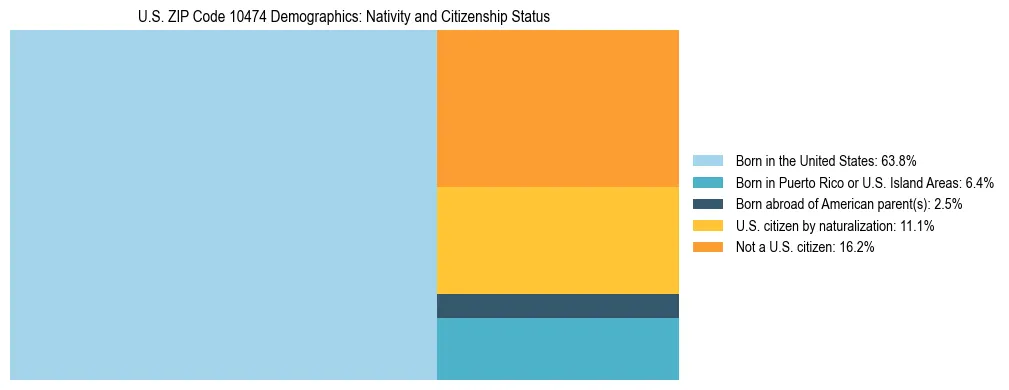 Treemap showing the population distribution by nativity and citizenship status in US ZIP Code 10474 based on U.S. Census data.
