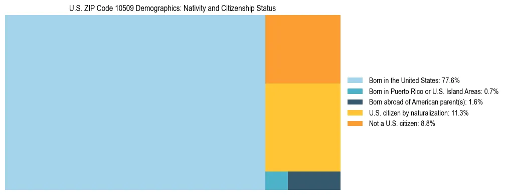 Treemap showing the population distribution by nativity and citizenship status in US ZIP Code 10509 based on U.S. Census data.