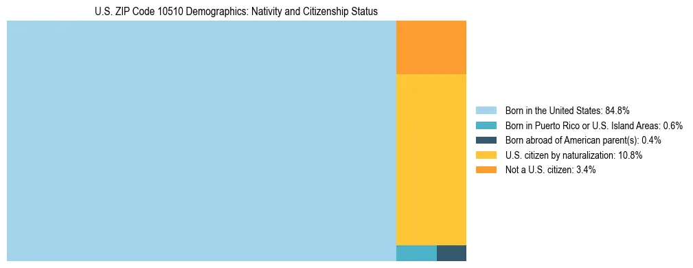 Treemap showing the population distribution by nativity and citizenship status in US ZIP Code 10510 based on U.S. Census data.