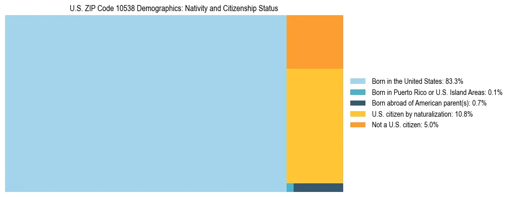 Treemap showing the population distribution by nativity and citizenship status in US ZIP Code 10538 based on U.S. Census data.
