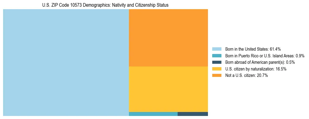 Treemap showing the population distribution by nativity and citizenship status in US ZIP Code 10573 based on U.S. Census data.
