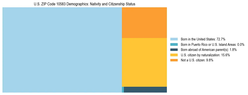 Treemap showing the population distribution by nativity and citizenship status in US ZIP Code 10583 based on U.S. Census data.