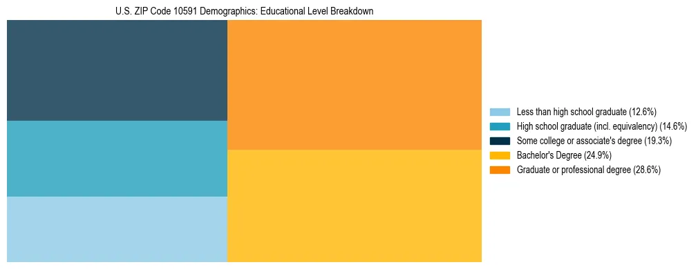 Treemap chart illustrating the educational attainment breakdown for population 25 years and over in US ZIP Code 10591.
