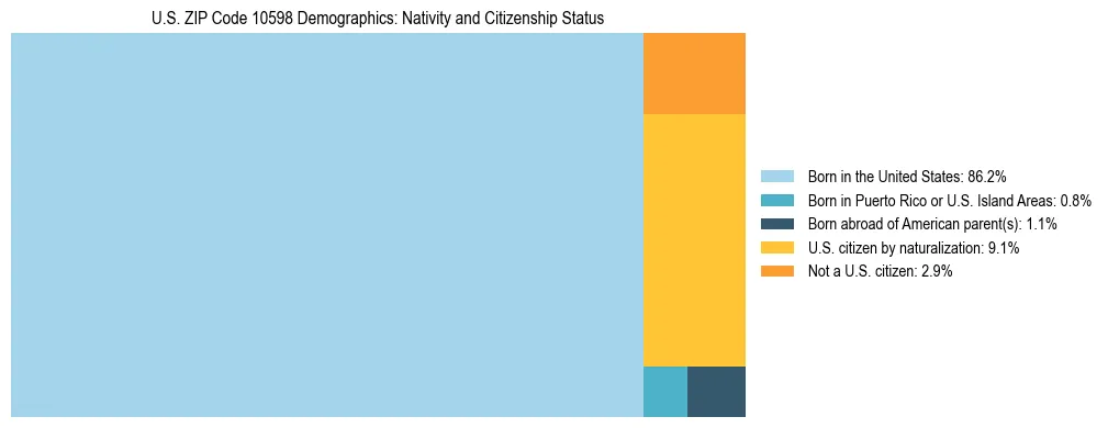Treemap showing the population distribution by nativity and citizenship status in US ZIP Code 10598 based on U.S. Census data.