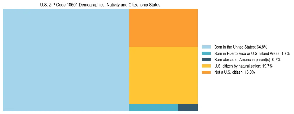 Treemap showing the population distribution by nativity and citizenship status in US ZIP Code 10601 based on U.S. Census data.