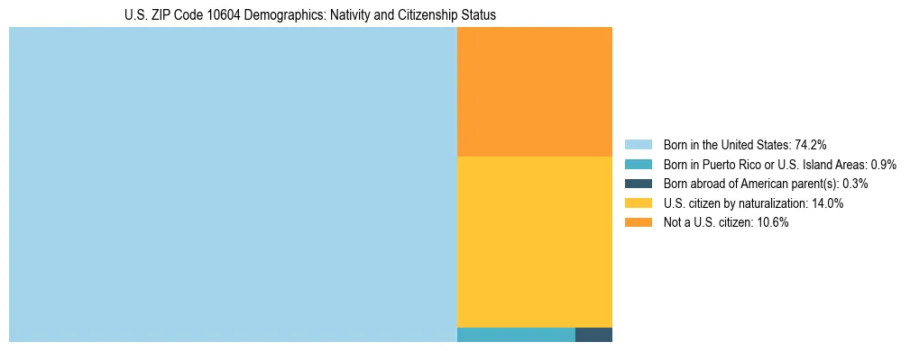 Treemap showing the population distribution by nativity and citizenship status in US ZIP Code 10604 based on U.S. Census data.