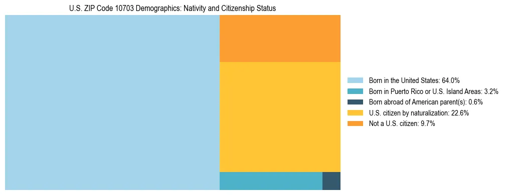 Treemap showing the population distribution by nativity and citizenship status in US ZIP Code 10703 based on U.S. Census data.