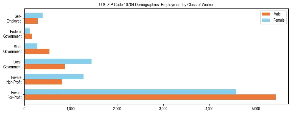 Horizontal bar chart showing employment distribution by class of worker and gender in US ZIP Code 10704, based on 2023 ACS data.