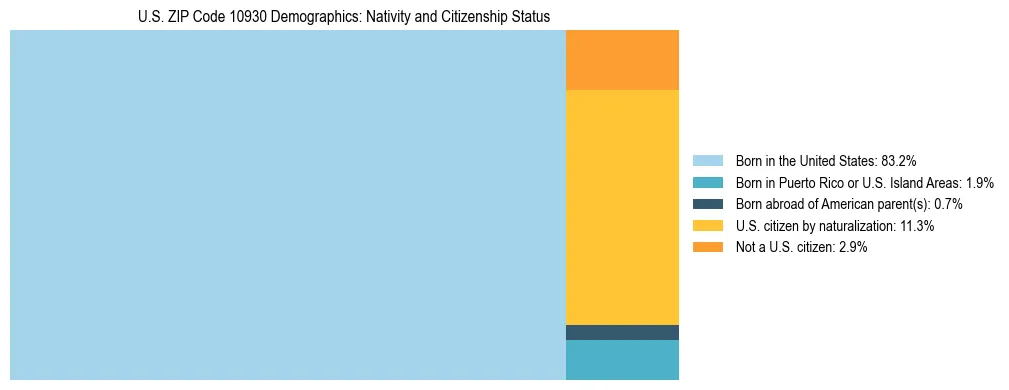 Treemap showing the population distribution by nativity and citizenship status in US ZIP Code 10930 based on U.S. Census data.