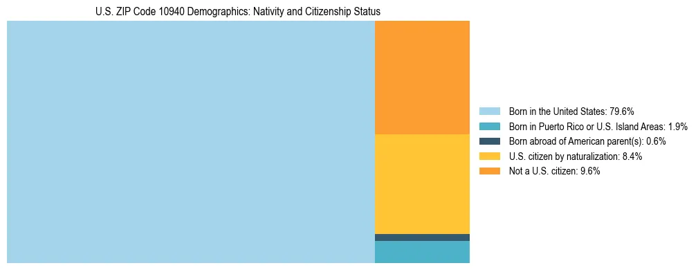Treemap showing the population distribution by nativity and citizenship status in US ZIP Code 10940 based on U.S. Census data.