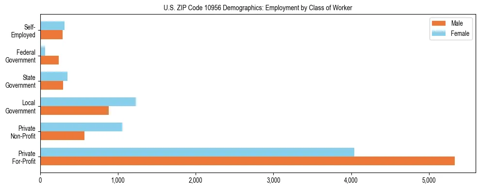 Horizontal bar chart showing employment distribution by class of worker and gender in US ZIP Code 10956, based on 2023 ACS data.