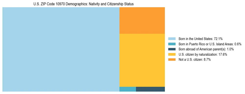 Treemap showing the population distribution by nativity and citizenship status in US ZIP Code 10970 based on U.S. Census data.
