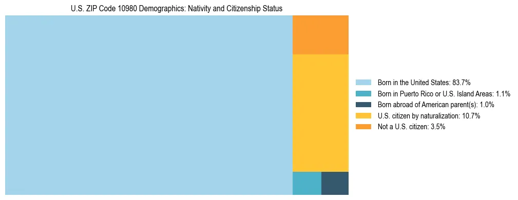 Treemap showing the population distribution by nativity and citizenship status in US ZIP Code 10980 based on U.S. Census data.