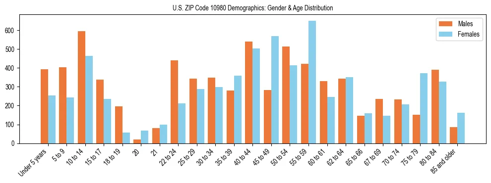 Bar chart showing the population distribution of US ZIP Code 10980 by age group and gender, based on 2023 ACS data.