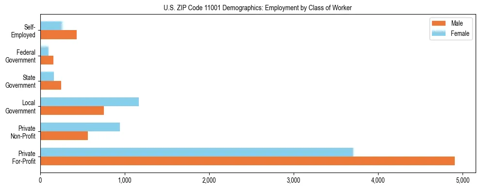 Horizontal bar chart showing employment distribution by class of worker and gender in US ZIP Code 11001, based on 2023 ACS data.