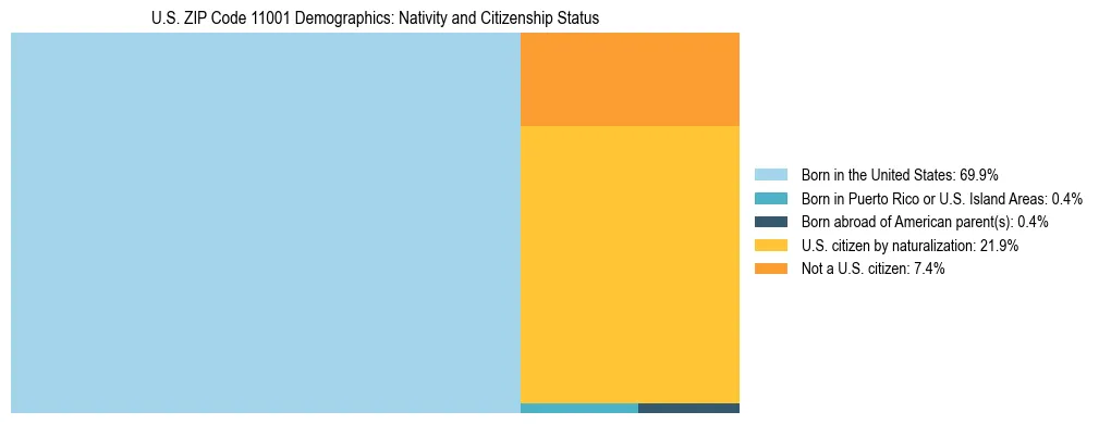Treemap showing the population distribution by nativity and citizenship status in US ZIP Code 11001 based on U.S. Census data.