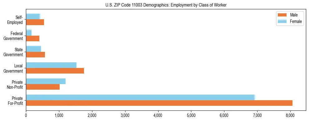Horizontal bar chart showing employment distribution by class of worker and gender in US ZIP Code 11003, based on 2023 ACS data.