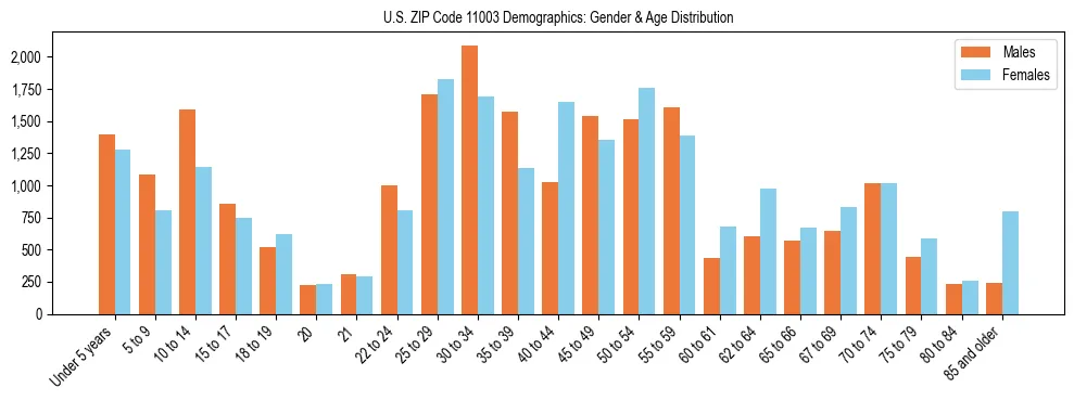 Bar chart showing the population distribution of US ZIP Code 11003 by age group and gender, based on 2023 ACS data.